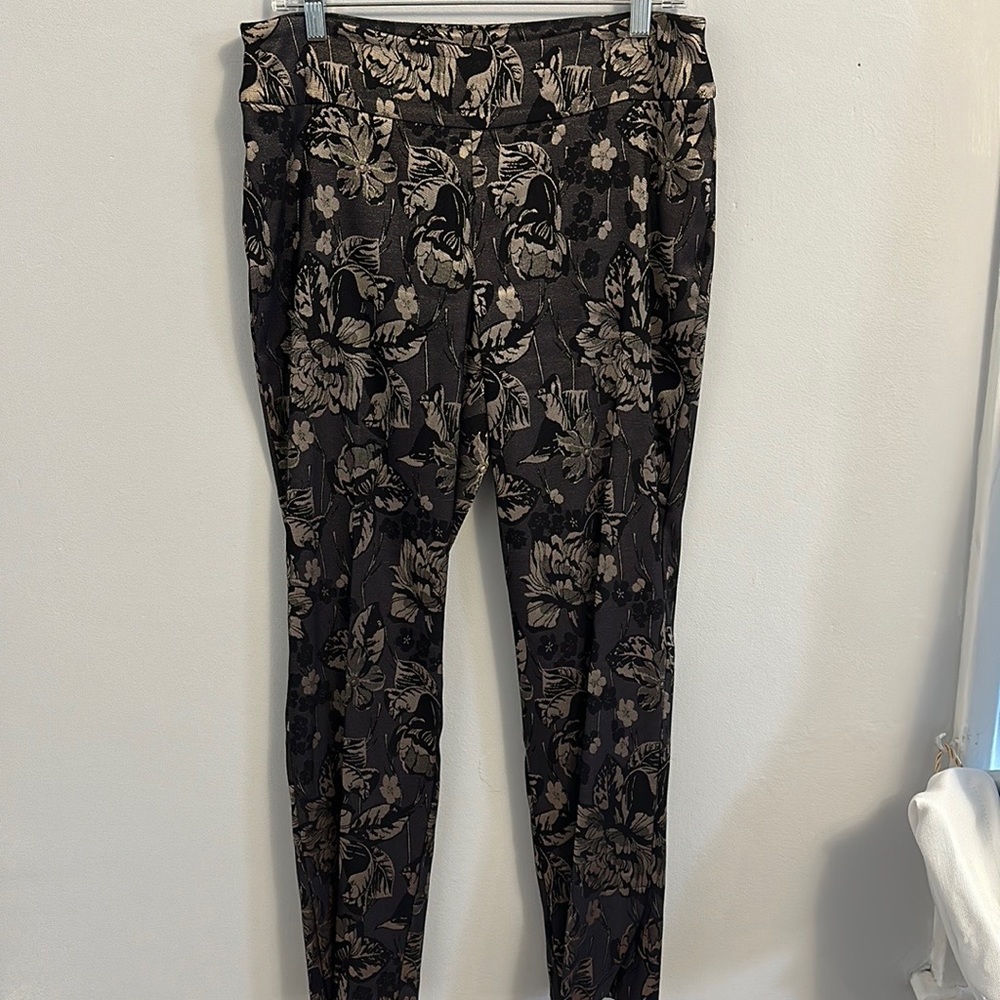 UP! Floral Print Black & Taupe Ponte Dress Pants
